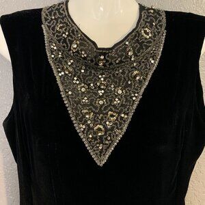 Vintage Tee-ca 60s (?) Women's Little Black Velvet Dress w/ Rhinestone Bib Trim